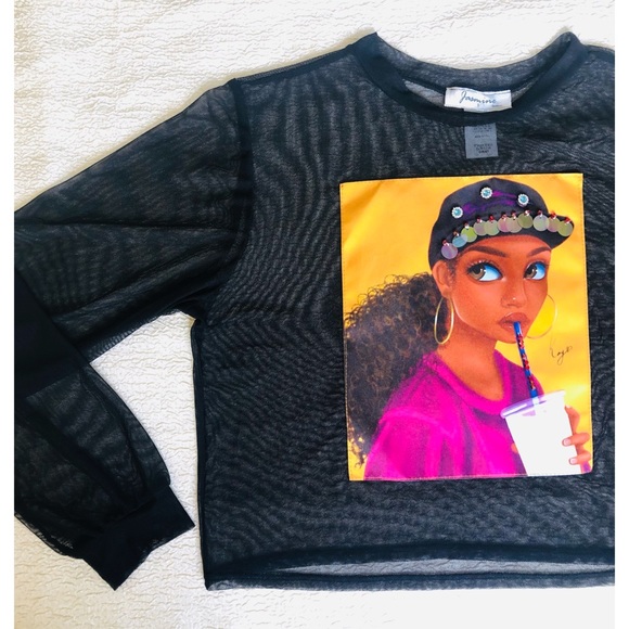 Embellished Graphic Mesh Top with 3D Raised Detailing Small - Picture 2 of 8